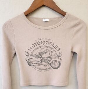 Beige Long Sleeve Motorcycle Graphic Crop Top